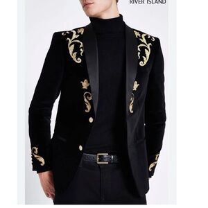 River Island Regal Velvet Blazer with Gold Embroidery